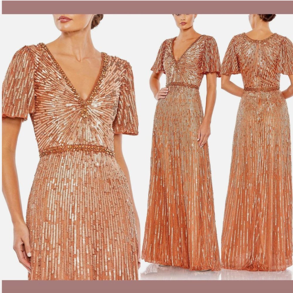 NWT $598 Mac Duggal [ 18 ] Embellished V-Neck Butterfly‎ Sleeve Gown Copper Q465